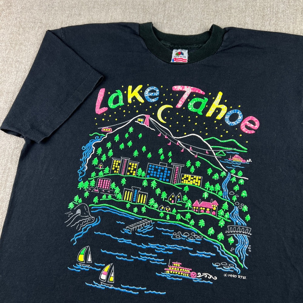 Vintage 90s Lake Tahoe Fruit of the Loom T-Shirt Mens XL Black Puff Print USA